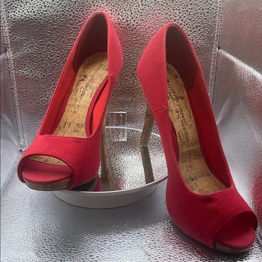 Christian Siriano Red Canvas Peep Toe With Cork Accents Size 9 - Picture 5 of 12